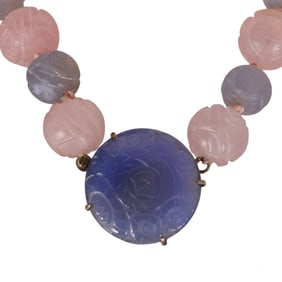Chinese 14k Gold Antique Carved Gem Bead Necklace