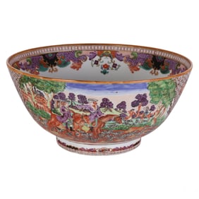 Chinese Export 20C Porcelain Hunt Theme Punch Bowl