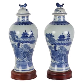 Chinese Export Pair of Blue and White Lidded Vases