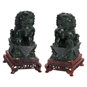 Chinese Pair of Green Hardstone Food Dog Sculpture