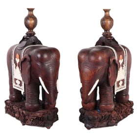 Chinese Pair of Wooden Temple Elephants w/ Stands