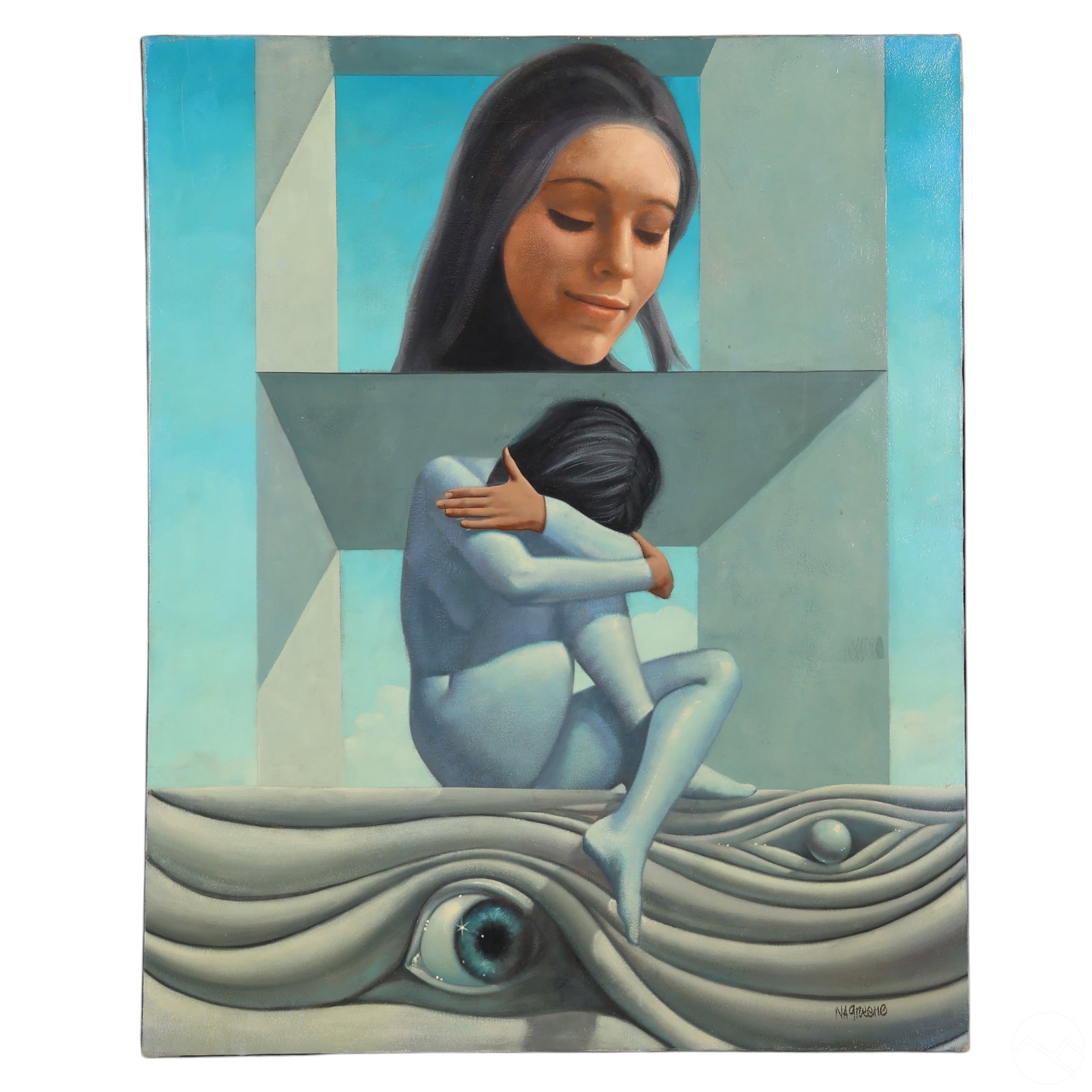 Neil Alfred Greene b.1946 Double Side Oil Painting: Neil Alfred Greene (American, born 1946), original double-sided oil on canvas. The front features a surrealist composition with a nude female figure in a dreamlike architectural space, a serene face a