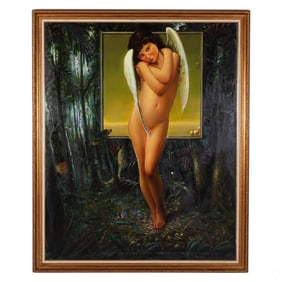 Ferjo b.1946 Surreal Angel in Jungle Oil Painting