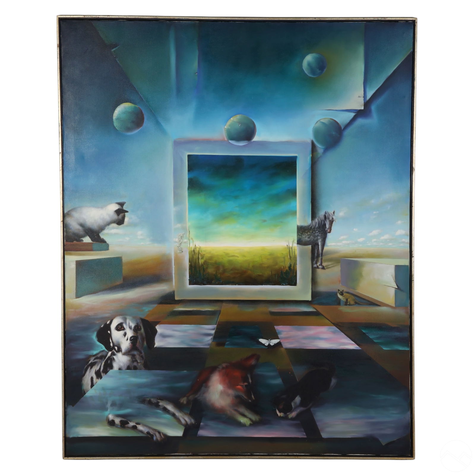 Ferjo (b.1946) Menagerie Surrealist Oil Painting: Fernando De Jesus Oliveira (Ferjo) (Brazilian, born 1946), original gallery-sized oil painting on canvas titled Menagerie. This surrealist interior composition features a gathering of animals-includin