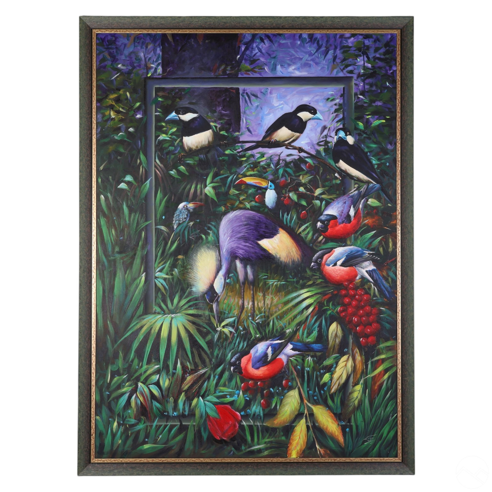 Ferjo (b.1946) Rain Forrest Bird & Cherry Painting: Fernando De Jesus Oliveira (Ferjo) (Brazilian, born 1946), Rain Forest Bird and Cherries, original oil painting on canvas. Surrealist composition features a vivid tropical bird and cherries set within