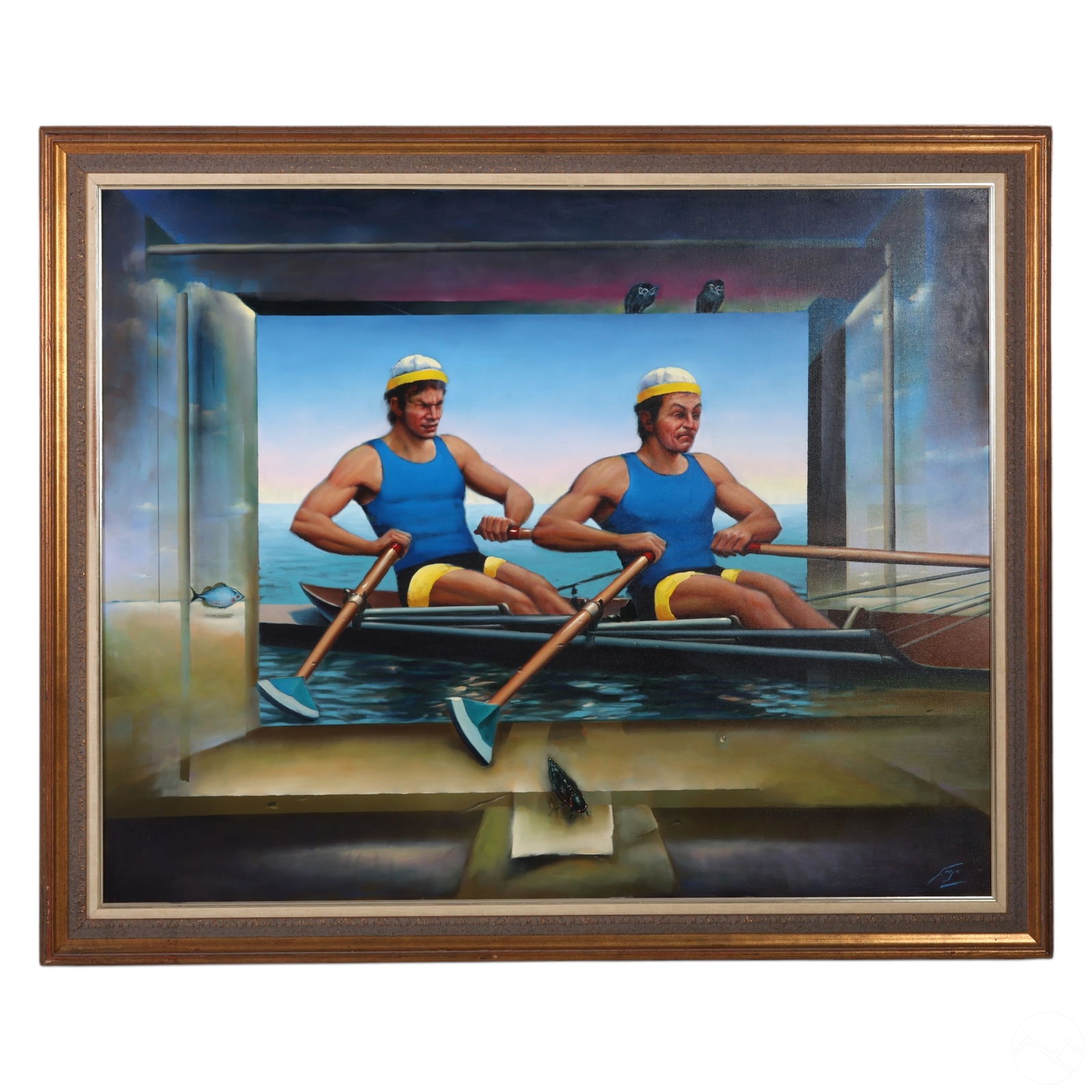 Ferjo (b.1946) The Rowers Surrealist Oil Painting: Fernando De Jesus Oliveira (Ferjo) (Brazilian, born 1946), original oil painting on canvas titled The Rowers, depicting two athletes in blue and yellow rowing in unison through a surreal interior merg