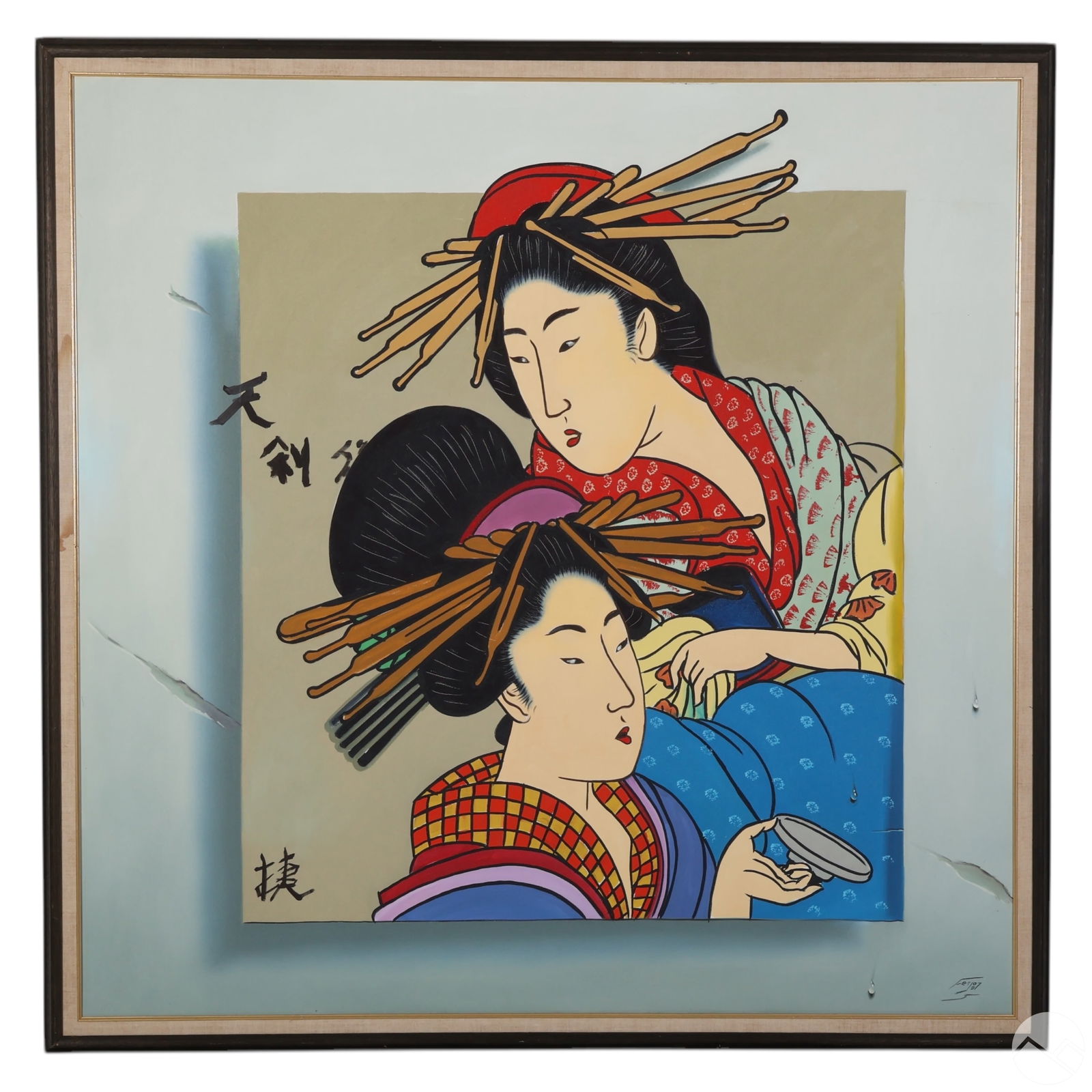 Ferjo (b.1946) Japanese Geisha Woman Oil Painting: Fernando De Jesus Oliveira (Ferjo) (Brazilian, born 1946), original gallery-size oil painting on canvas titled Japanese Women, paying homage to traditional Japanese woodblock aesthetics. The compositi