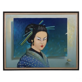 Ferjo (b.1946) Japanese Woman in Blue Oil Painting