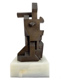 Abstract Cubist Bronze Sculpture White Onyx Base