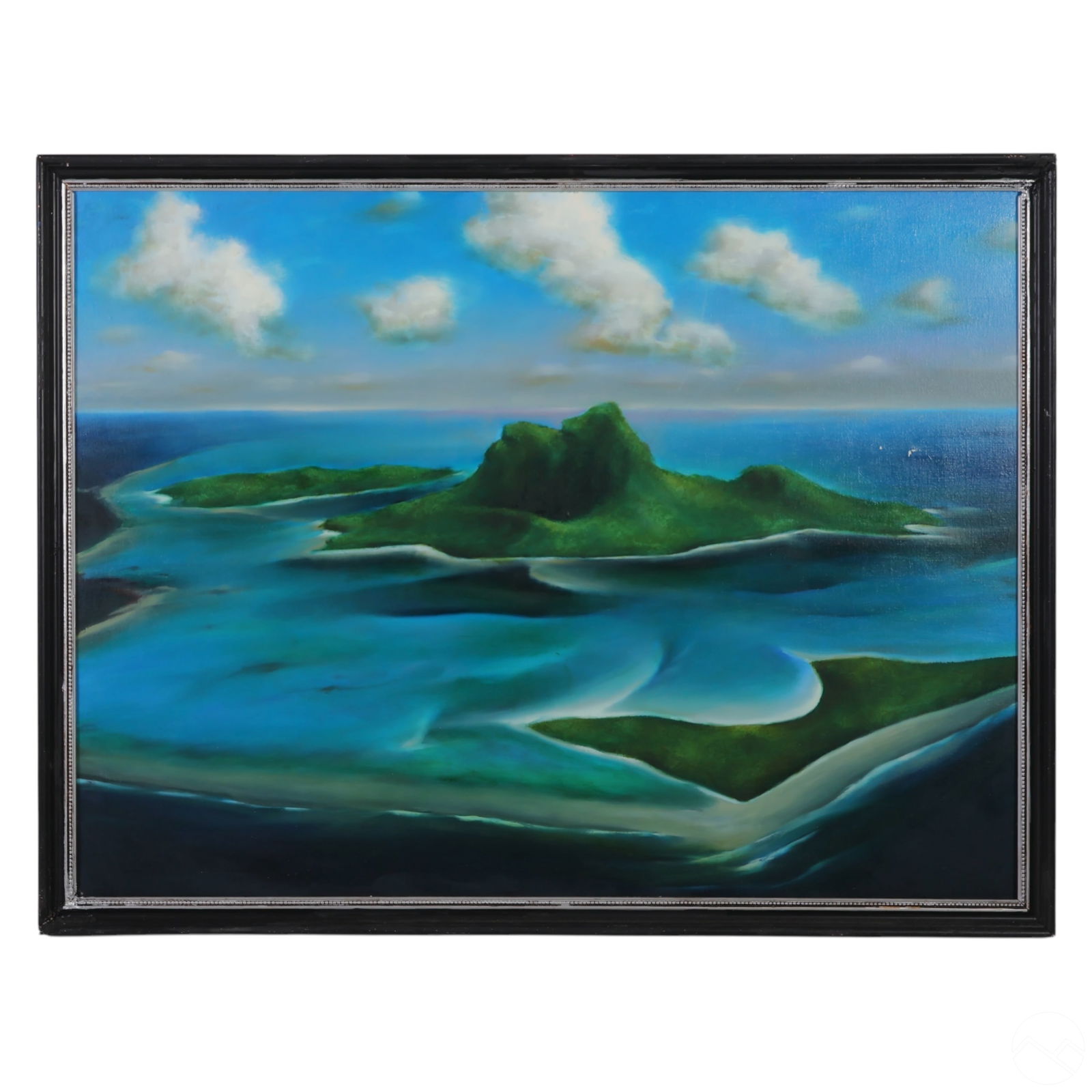 Ferjo b.1946 Tropical Island Surreal Oil Painting: Fernando De Jesus Oliveira (Ferjo) (Brazilian, born 1946), original oil painting on canvas depicting a surreal island landscape with green landmasses encircled by swirling blue seas and dramatic white