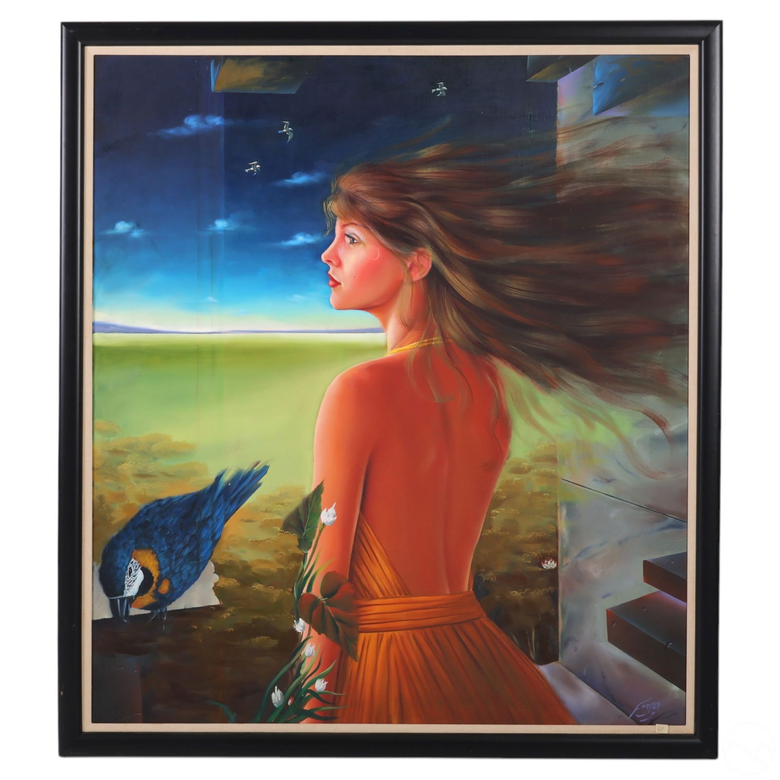 Ferjo b.1946 Surreal Portrait of a Girl Painting: Fernando De Jesus Oliveira (Ferjo) (Brazilian, born 1946), original oil painting on canvas, depicting a contemplative young woman in a golden backless dress with flowing hair, accompanied by a blue-an