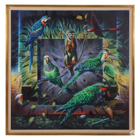 Ferjo b.1946 Monkey & Parrots Surreal Oil Painting