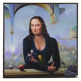 Ferjo b.1946 Mona with Parrot Surreal Oil Painting