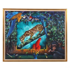 Ferjo b.1946 Cheetah with Parrot Surreal Painting