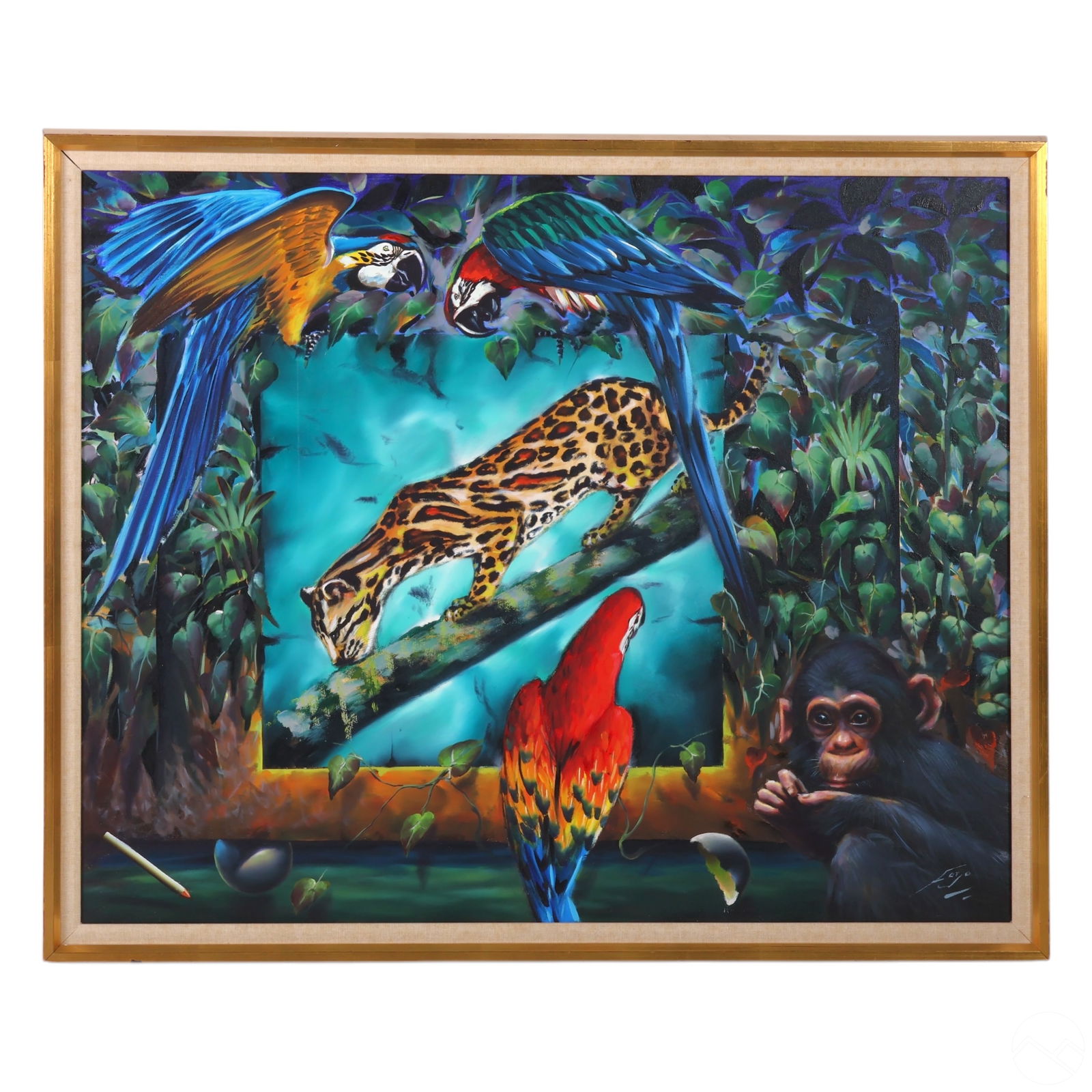 Ferjo b.1946 Cheetah with Parrot Surreal Painting: Fernando De Jesus Oliveira (Ferjo) (Brazilian, born 1946), original oil painting on canvas titled Cheetah with Parrots, depicting a cheetah perched on a branch alongside four colorful parrots and a yo