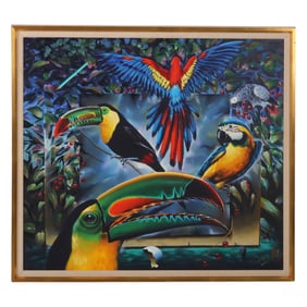 Ferjo b.1946 Toucans and Two Parrots Oil Painting