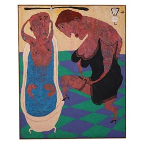 Elisabeth Sabala b.1956 Figural Bath Time Painting