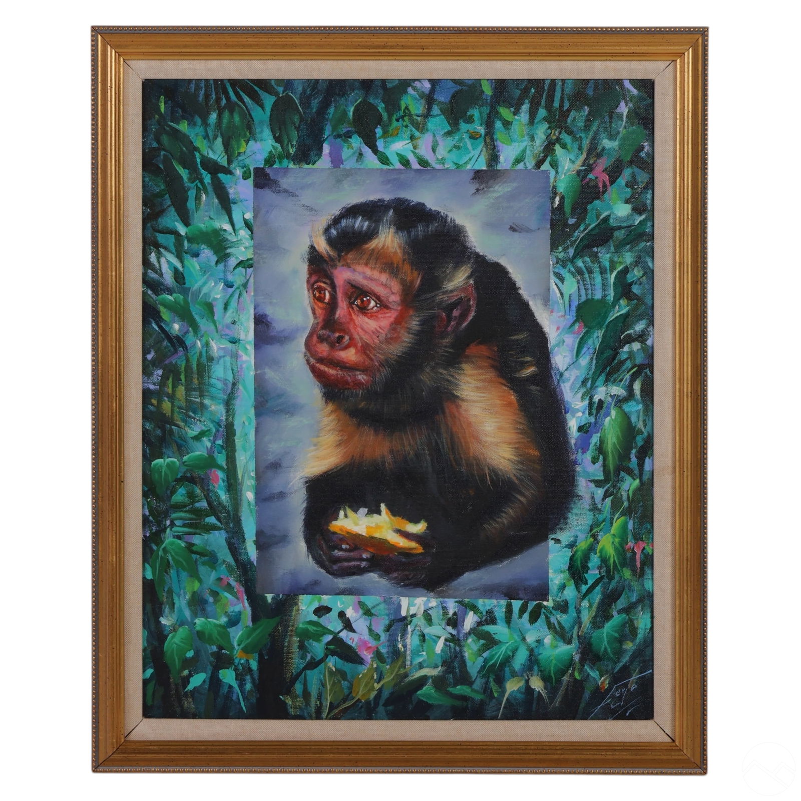 Ferjo b.1946 Young Baboon Baby Monkey Oil Painting: Fernando De Jesus Oliveira (Ferjo) (Brazilian, born 1946), original oil painting on canvas depicting a young baboon holding a slice of fruit in a lush, surreal jungle setting. Characterized by vibrant