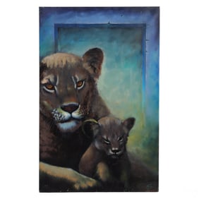 Ferjo b.1946 Lioness w/ Cub Portrait Oil Painting