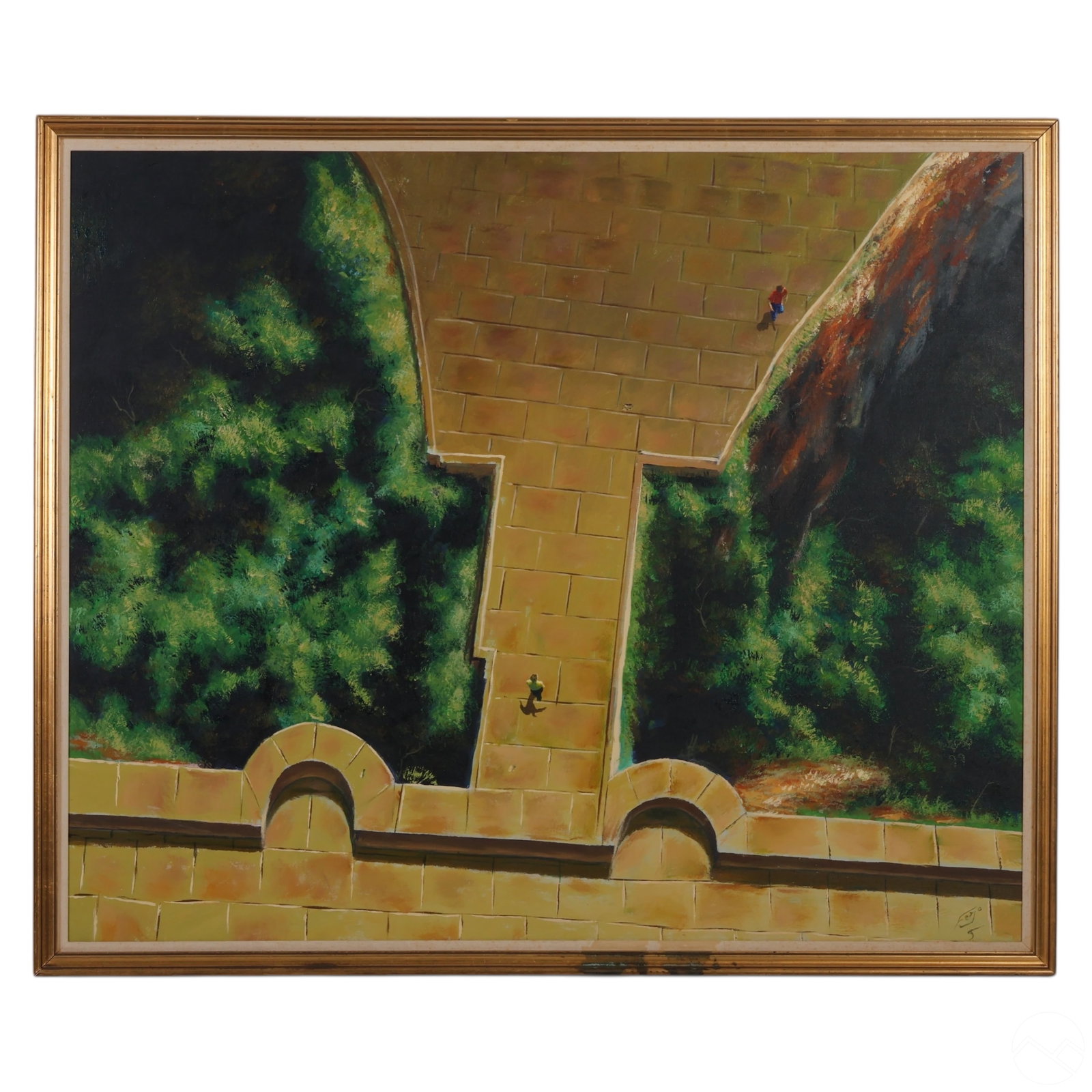 Ferjo b.1946 Surreal Walkway Landscape Painting: Fernando De Jesus Oliveira (Ferjo) (Brazilian, born 1946), original oil painting on canvas titled Walkway, depicting a golden elevated path spanning a surreal landscape of vertical cliffs and dense fo