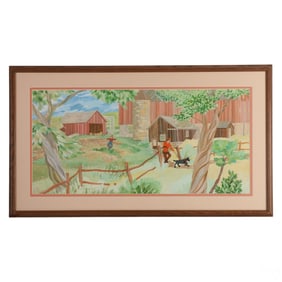 Stanley Folsom (20C) Barnyard Watercolor Painting