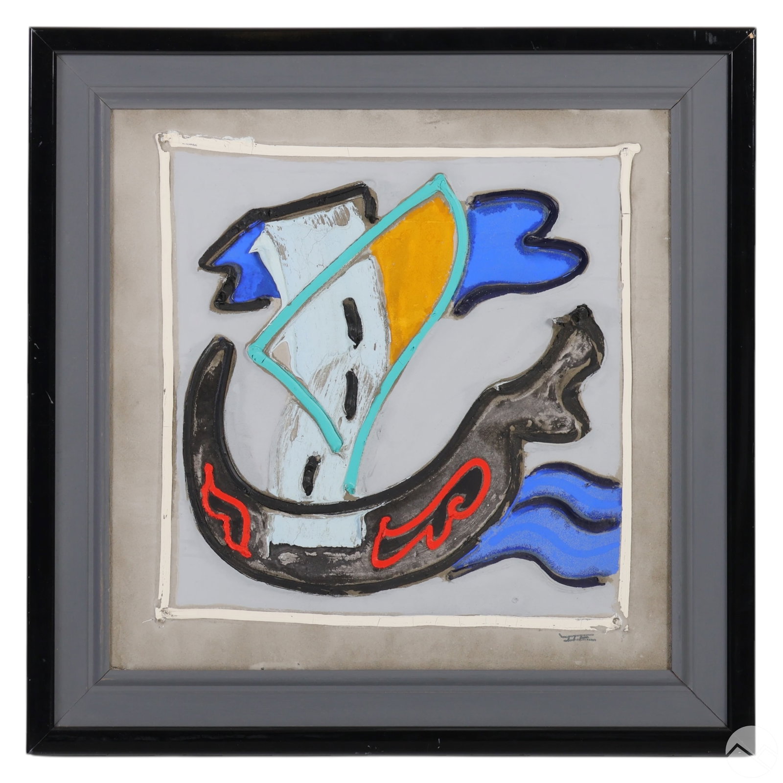 Paolo Valle b.1948 Geometric Modernist Painting: Paolo Valle (Italian, born 1948), Aspettando Fenice (Waiting for Phoenix), mixed media on canvas. The composition features bold black outlines, a textured surface, and a dynamic palette of blues, yell