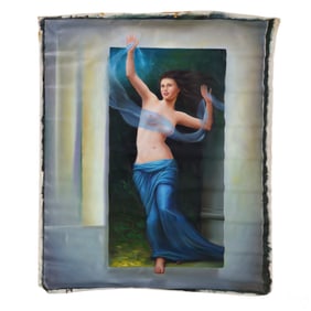 Ferjo b.1946 Woman in Blue Sash Surreal Painting