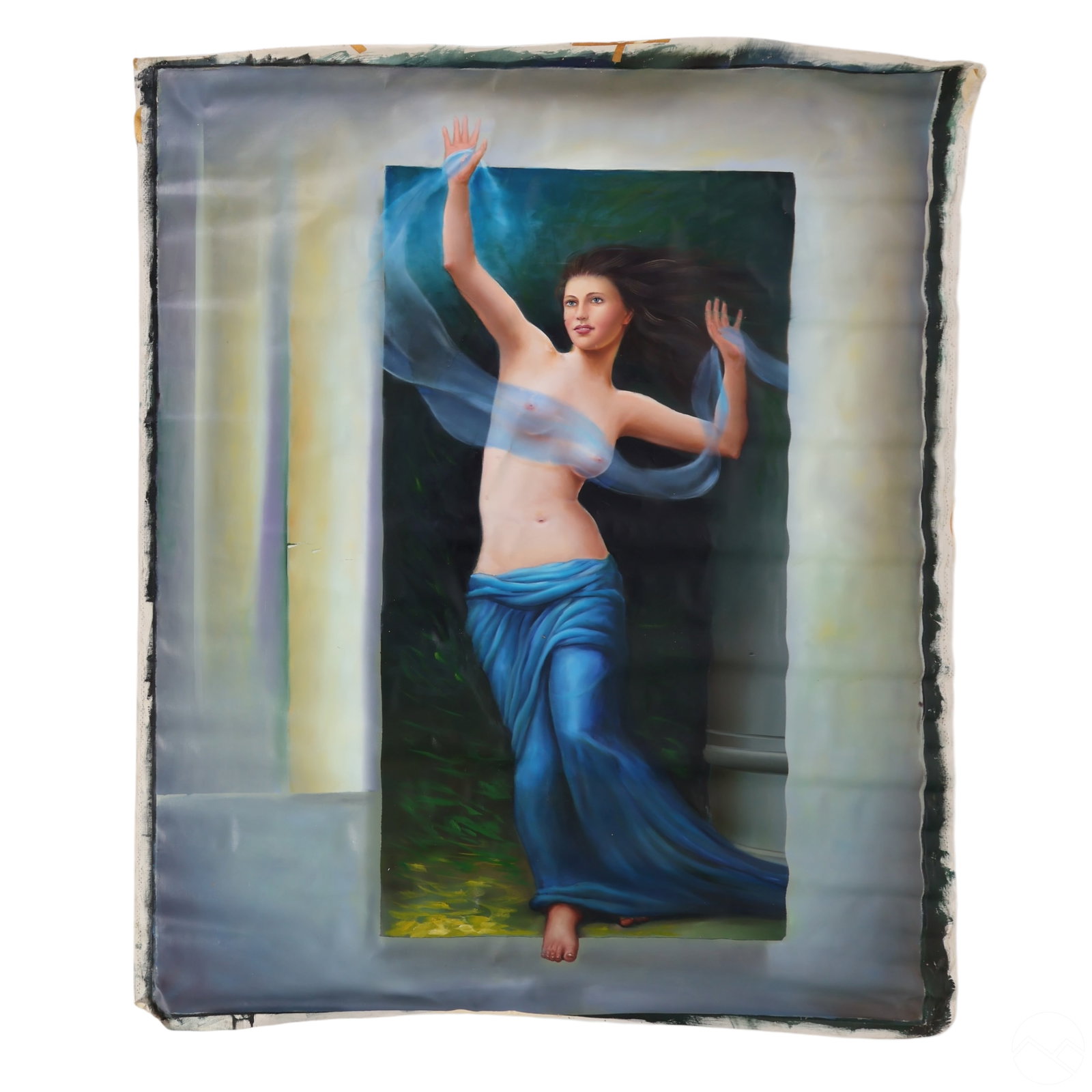 Ferjo b.1946 Woman in Blue Sash Surreal Painting: Fernando De Jesus Oliveira (Ferjo) (Brazilian, born 1946), original oil painting on canvas titled Woman with Blue Sash, depicting a partially draped female figure emerging from a glowing architectural