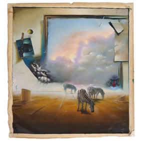 Ferjo b.1946 Cat Baboon Zebra Surrealist Painting