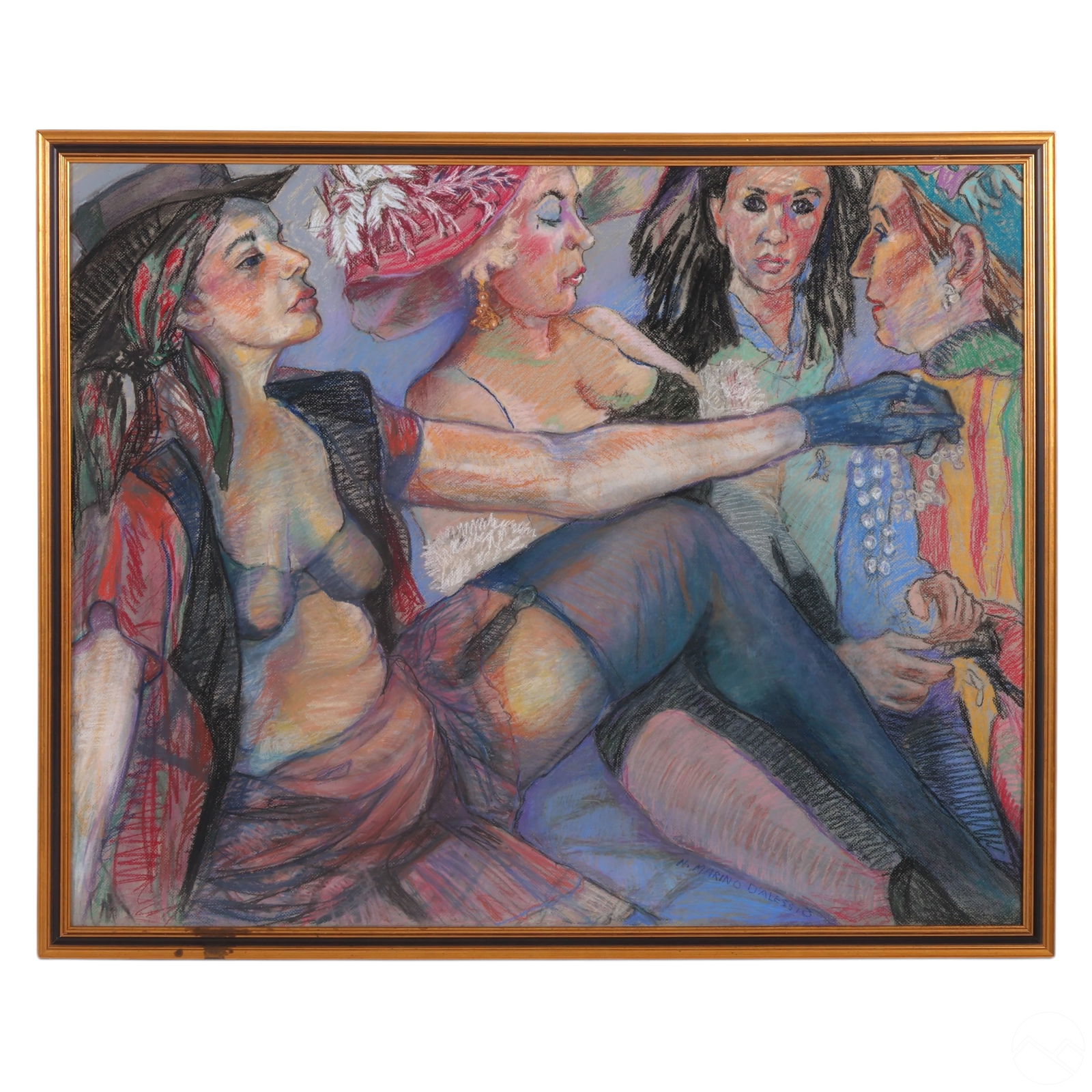 N Marino D'Alessio 20C Show Girls Pastel Painting: Natalie Marino D'Alessio (American, 20th century), Backstage with Pearls & the Girls, pastel on paper. This expressive composition captures an intimate backstage moment with elegantly costumed women a