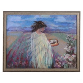 N Marino D'Alessio 20C Girl in Flower Field Pastel