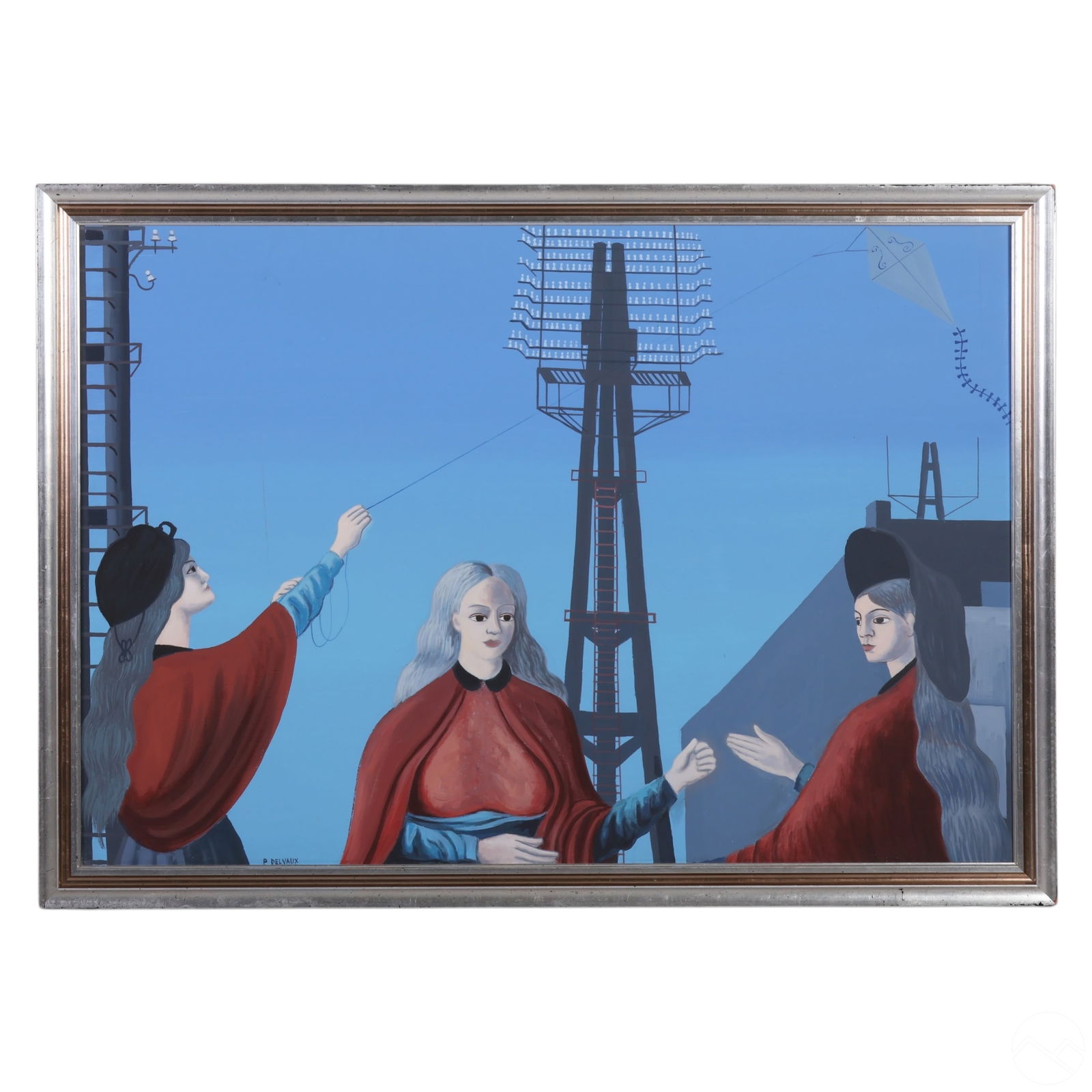 Ferjo b.1946 Figural Homage to Delvaux Painting: Fernando De Jesus Oliveira (Ferjo) (Brazilian, born 1946), original oil painting on canvas depicting three elongated, classically draped female figures with silver hair positioned beneath an industria