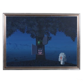 Ferjo b.1946 Surreal Rene Magritte Homage Painting