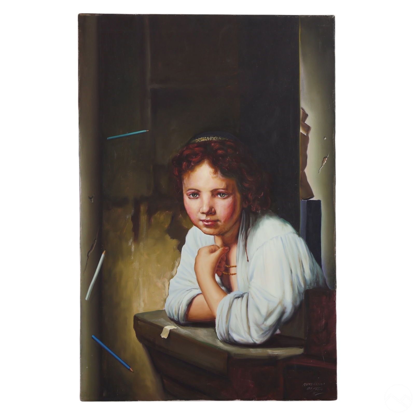 Ferjo b.1946 Homage to Rembrandt Portrait Painting: Fernando De Jesus Oliveira (Ferjo) (Brazilian, born 1946), original oil painting on canvas in the manner of Rembrandt, depicting a young girl in a contemplative pose with her arm resting on a ledge. E