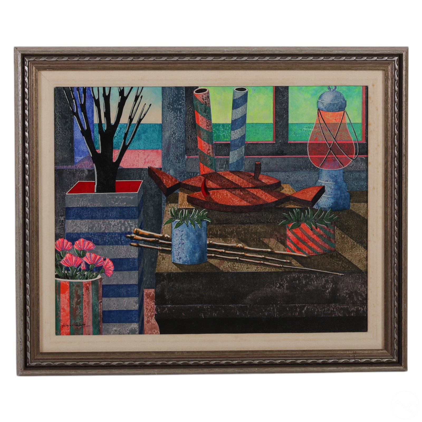 Tonino Caputo 1933-2021 Still Life Scene Painting: Tonino Caputo (1933-2021), original oil on canvas board featuring an architectural still life with striped vases, a lantern, and geometric forms arranged within an interior setting overlooking a tranq
