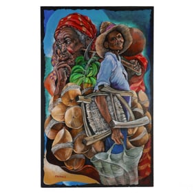 Caribbean 20C Haitian Style Market Painting SIGNED