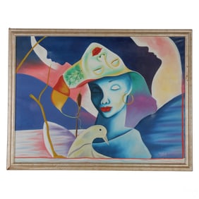 Ridore 20C Surreal Haitian Woman Portrait Painting