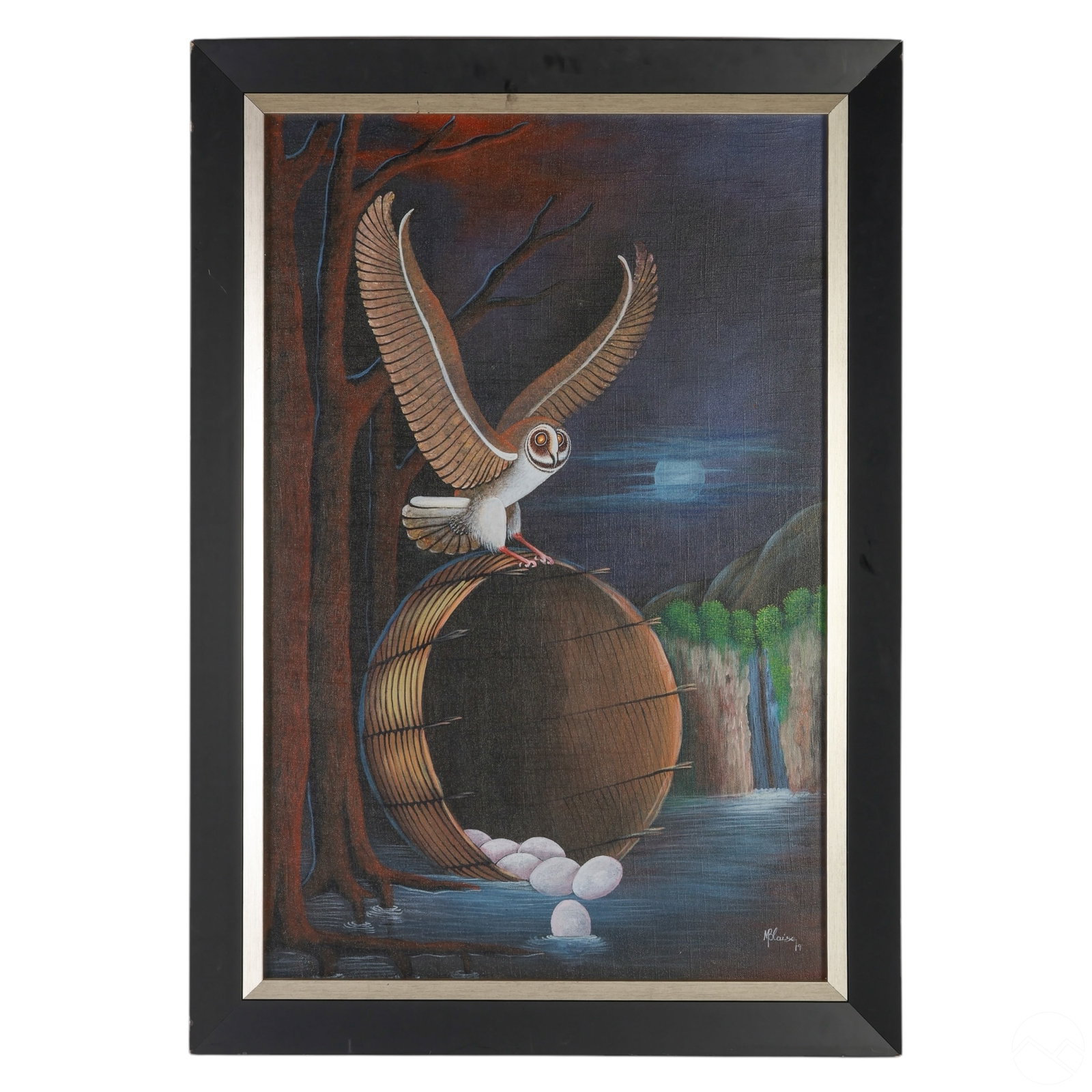 M Blaise 20C Symbolic Flying Owl Haitian Painting: M. Blaise (Haitian, 20th/21st century), original painting on canvas depicting a surreal scene of a barn owl in mid-flight against a twilight sky. The owl soars above a large wooden barrel or drum part