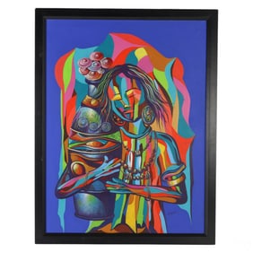 Fontus 20C Haitian Cubist Girl with Vase Painting