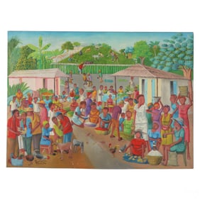 Louines Mentor b1936 Haitian Market Scene Painting