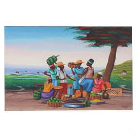 E.Constant 20C. Haitian Market Folk Art Painting