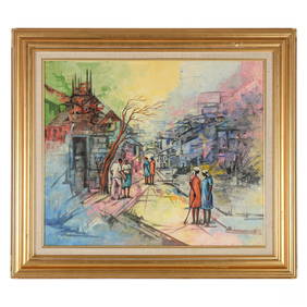 J P Auguste b.1963 Haitian Street Scene Painting (1 of 6)