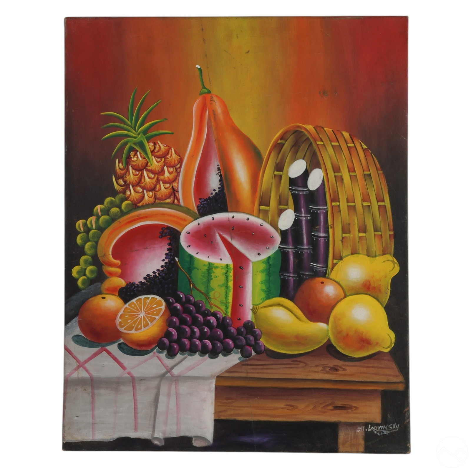 Charles Lovinsky 20C Haitian Still Life Painting: Charles Lovinsky (Haitian, 20th/21st century), original painting on canvas depicting a Caribbean fruit still life with watermelon, papaya, pineapple, sugarcane, oranges, grapes, lemons, and bananas ar