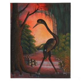 M Blaise 20C Haitian School Folk Art Bird Painting