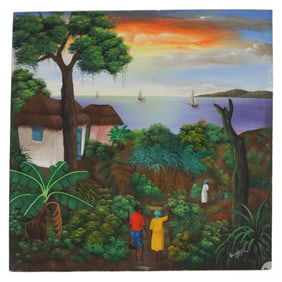 Valantay 20C Haitian School Coastal Scene Painting