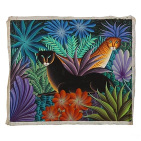 M Paul 20C Haitian School Wild Cat Canvas Painting