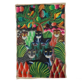Haitian School Lush Landscape Jungle Cats Painting