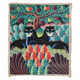 Haitian School Black Cats Jungle Painting SIGNED