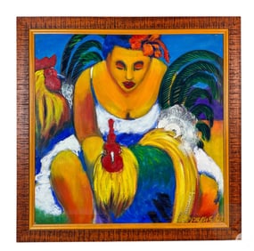 Haitian Woman w/ Roosters Folk Art Painting SIGNED