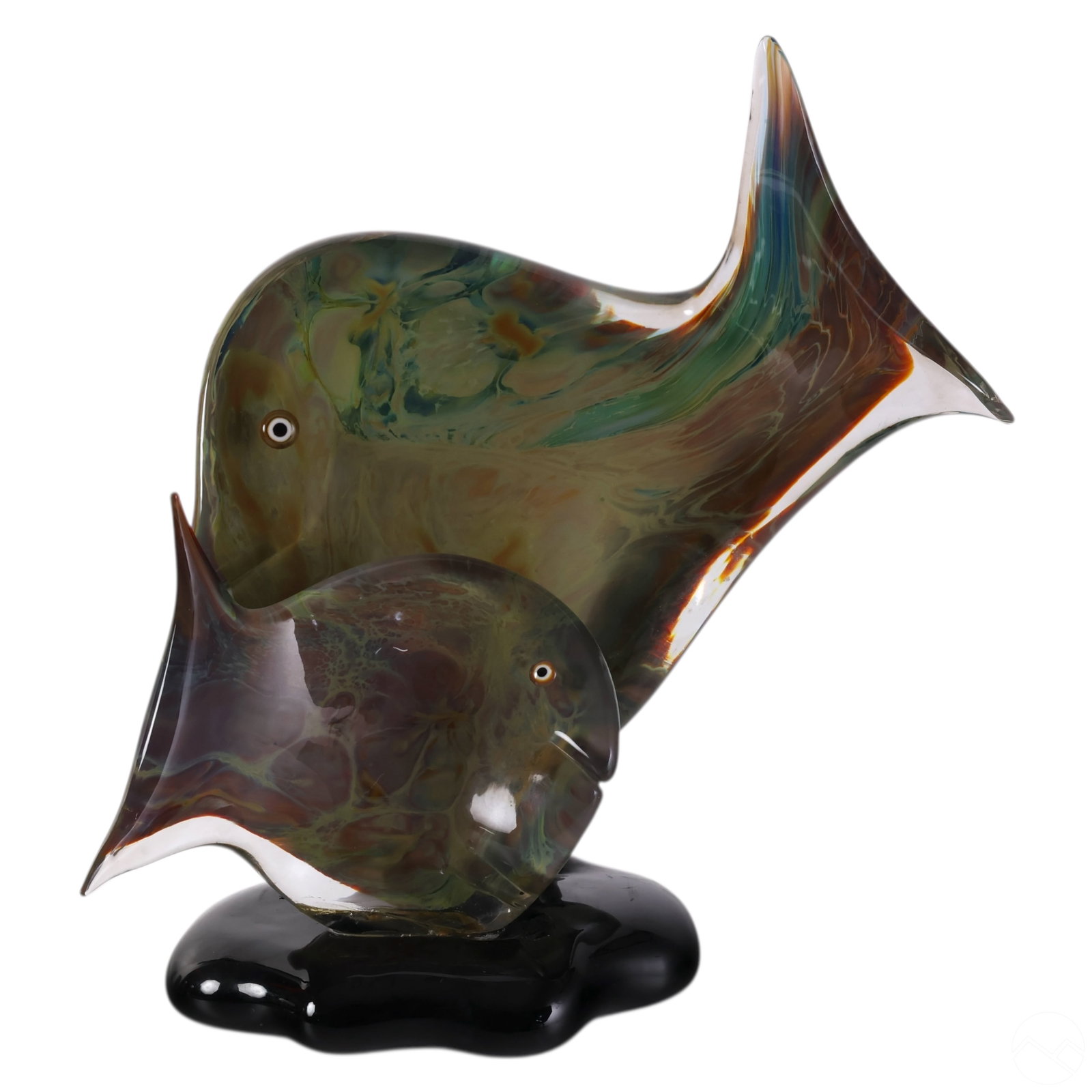 Murano Italian Art Glass Tropical Fish Sculpture: Murano art glass fish sculptures resting on a black glass base. Each stylized angelfish features swirling multicolored hues with opalescent and marbled effects, inset glass eyes, and an artist-incised